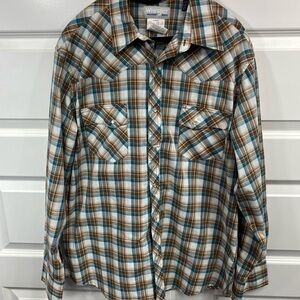 Wrangler Wrancher Pearl Snap Long Sleeve Plaid Country Western Cowboy Shirt Larg